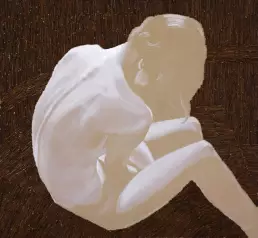 Assemblage „Einkehr“ von Frank Rosenzweig: sitzende Figur in heller Ölmalerei vor einem Bildgrund aus rostigen Nägeln, die eine Wendeltreppe andeuten.