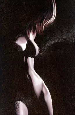 Assemblage „Oxydiva I“ von Frank Rosenzweig: weiblicher Akt in Ölmalerei, teilweise von rostigen Nägeln überlagert, auf dunklem Nagelgrund.
