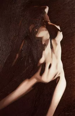 Assemblage „Oxydiva III“ von Frank Rosenzweig: weiblicher Akt in Ölmalerei, teilweise überlagert von rostigen Nägeln auf Leinwand.