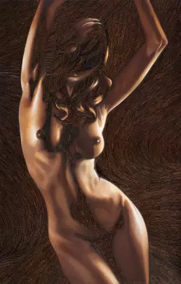 Assemblage „Oxydiva IV“ von Frank Rosenzweig: weiblicher Akt in Ölmalerei, teilweise überlagert von rostigen Nägeln auf Leinwand.
